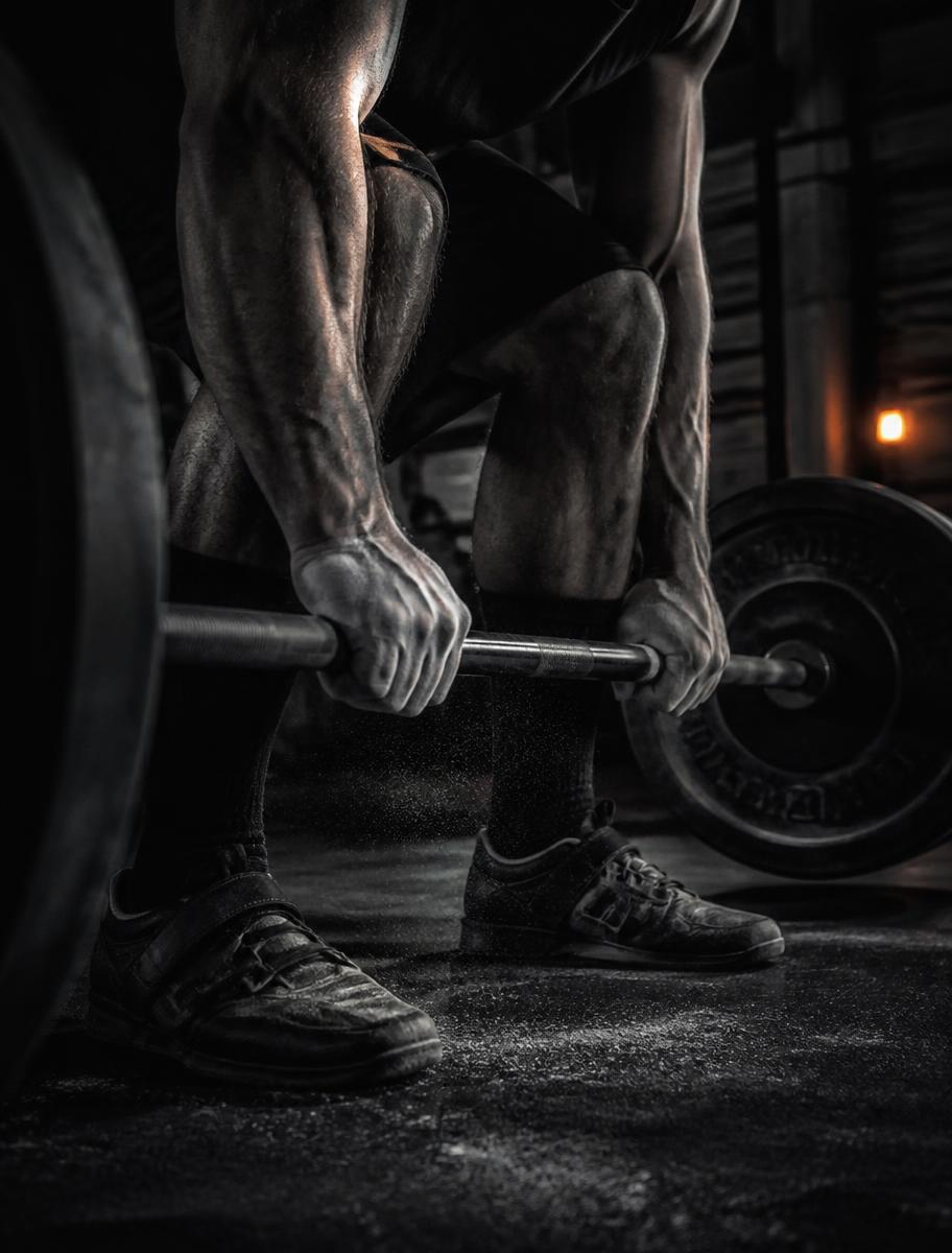 Chalked hands gripping a loaded barbell