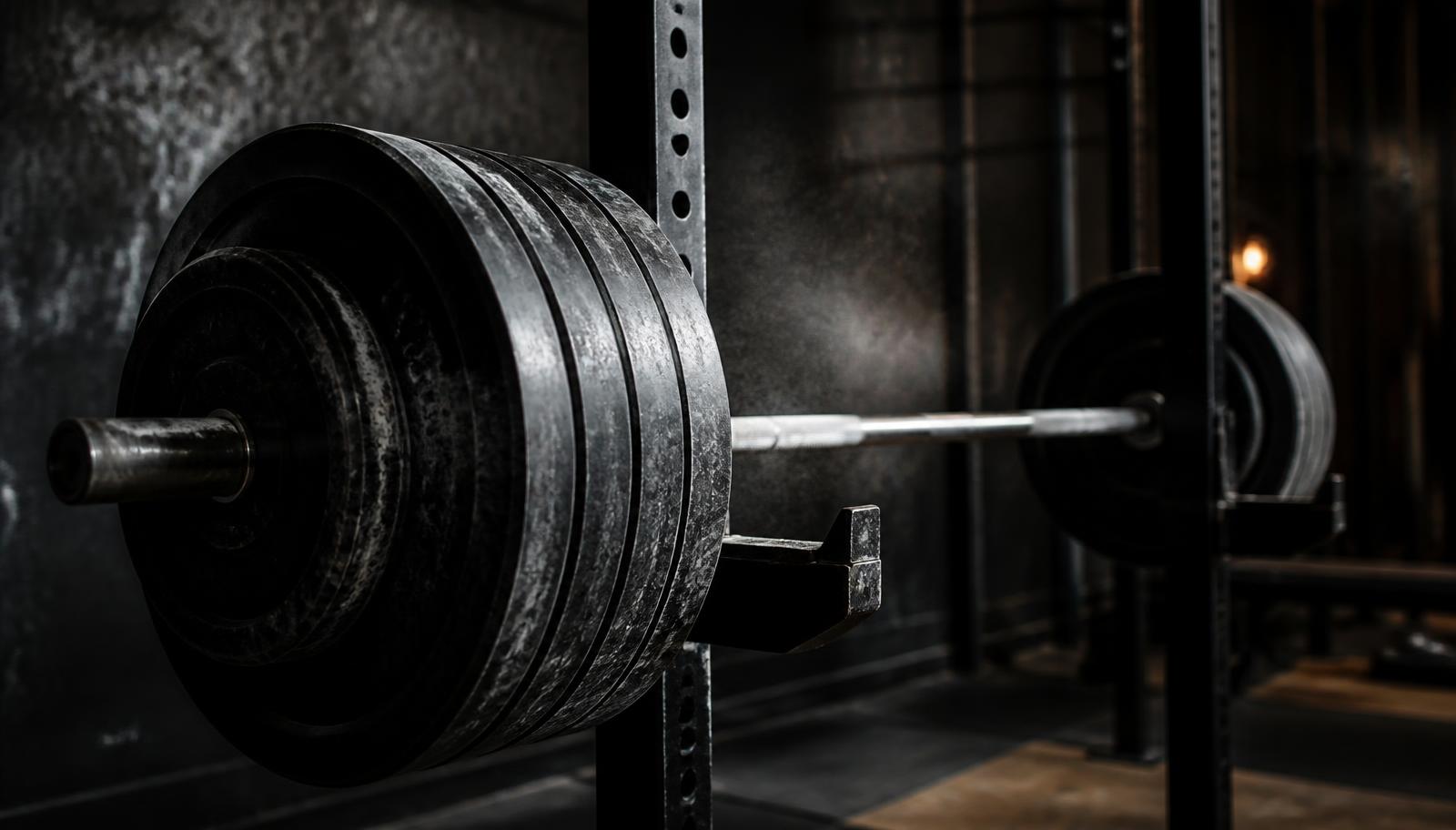 Loaded barbell racked in a dark gym